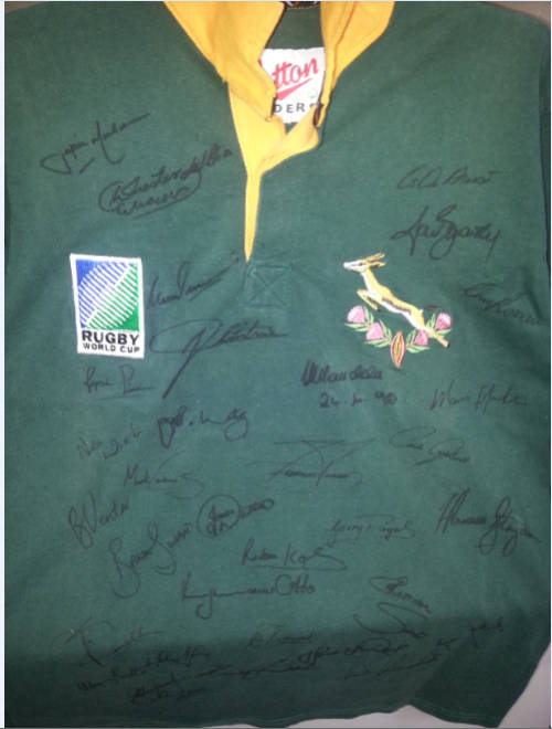 RUGBY WORLD CUP 1995 JERSEY SIGNED BY SPRINGBOKS AND NELSON MANDELA