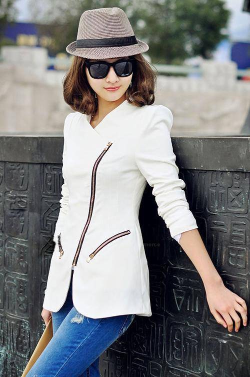 FREE SHIPPING-Stylish Polo Neck Slant Zipper Design Slimming Padded Shoulder Long Sleeve Suit For Wo