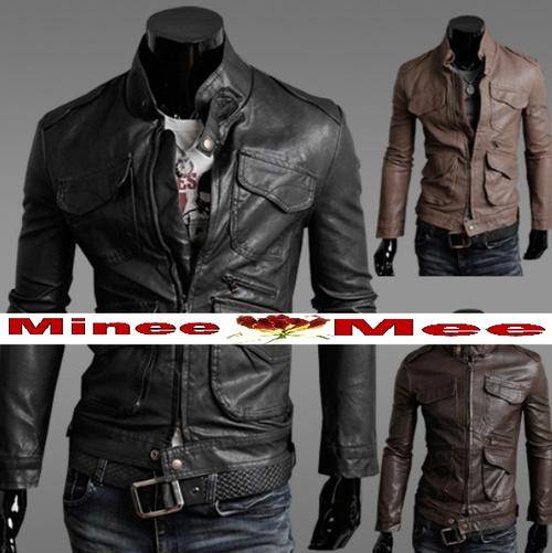 FREE SHIPPING-Fashion Pocket Design Slim Top PU Leather Short Jacket Coat Stand Collar for Men - Two