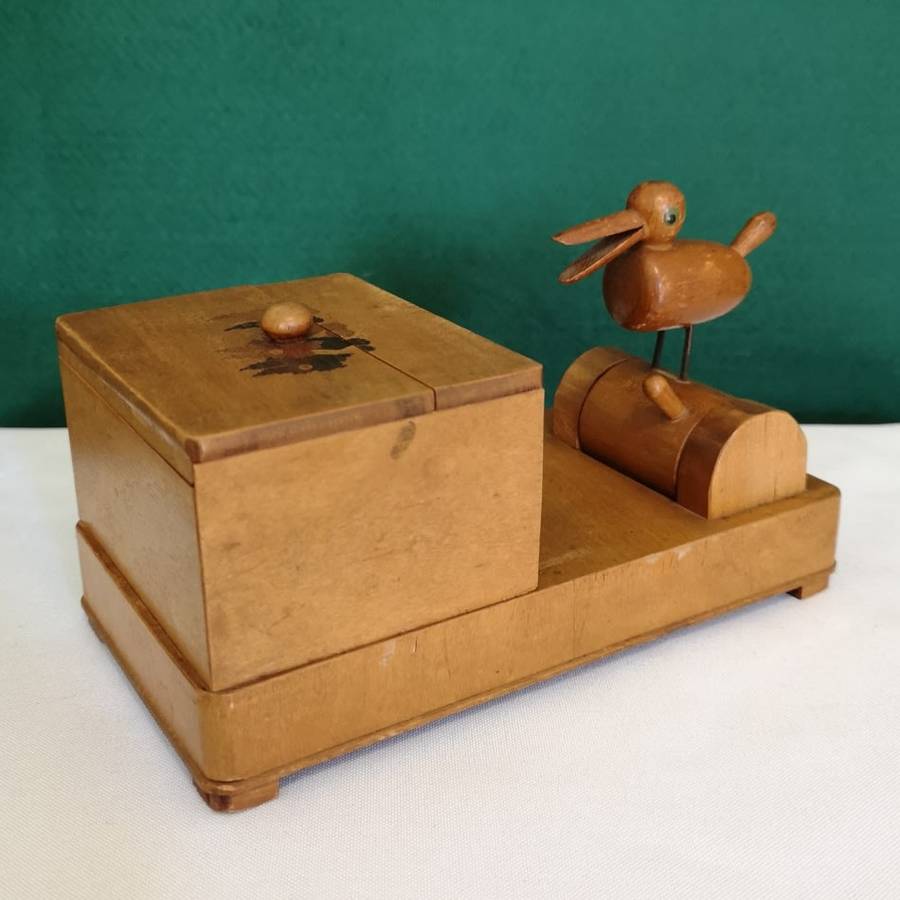 1930's Treen Wooden Mechanical Bird - Cigarette Dispenser Pecking Bird with French Inlay Marquetry