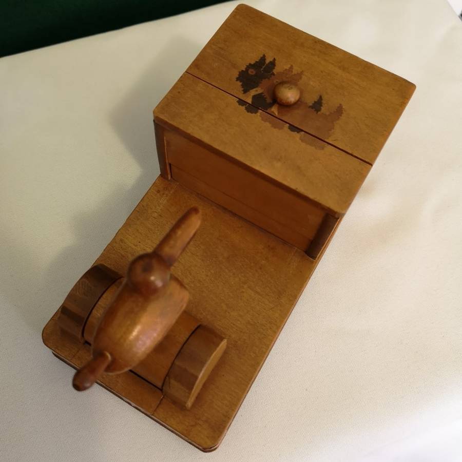 1930's Treen Wooden Mechanical Bird - Cigarette Dispenser Pecking Bird with French Inlay Marquetry