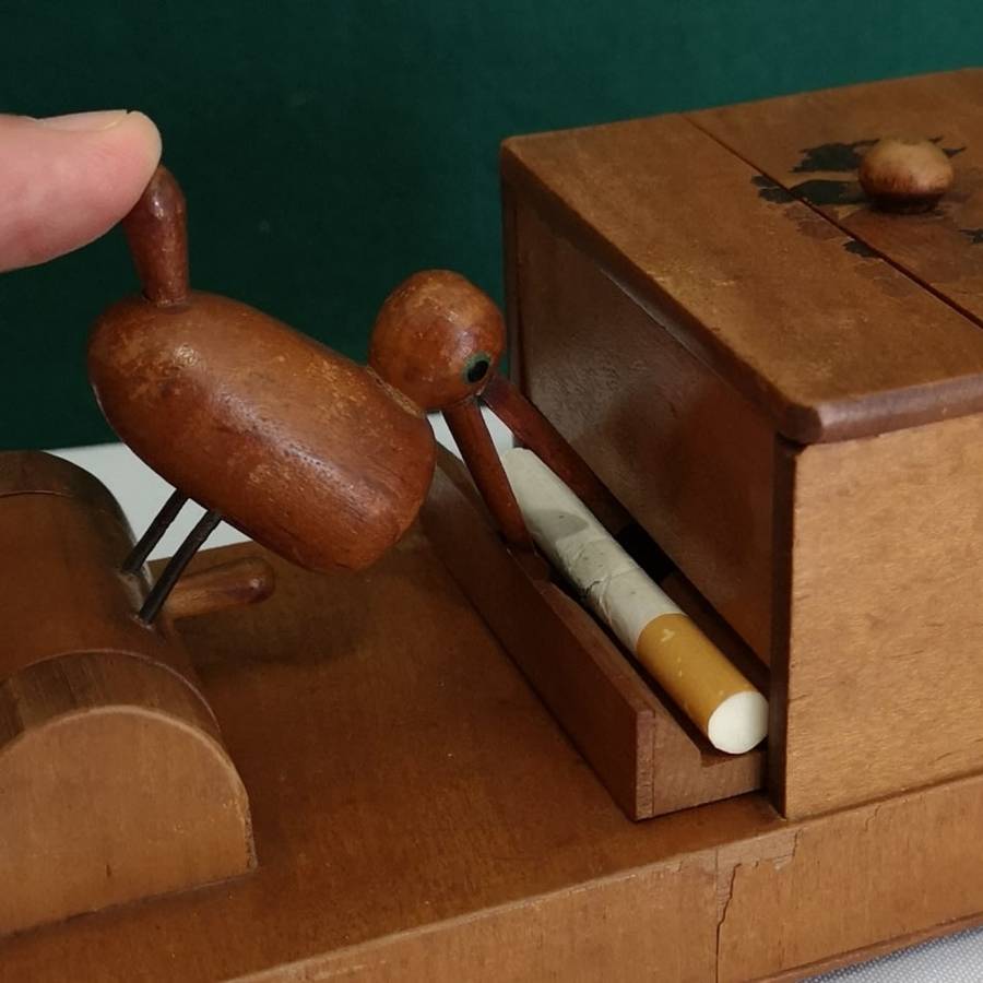 1930's Treen Wooden Mechanical Bird - Cigarette Dispenser Pecking Bird with French Inlay Marquetry