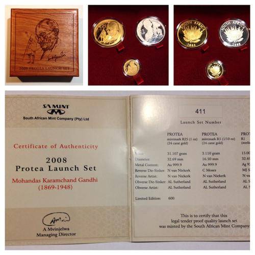 2008 Protea Launch Set Gandhi R25 Gold 1oz, R1 Silver, R5 Gold 1/10oz