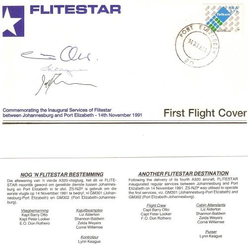 FLITESTAR  no 6 signed by crew first flight  PORT ELIZABETH TO JHB