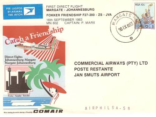 AVIATION AIRPHILSA  58 COMAIR FIRST DIRECT FLIGHT FROM  TO MARGATE  TO JAN SMUTS  UNSIGNED