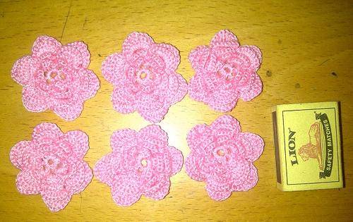 6 Hand crochet pink  Rose, motif, applique ,insert ext.6cm width,yarn 2ply ,surgestion: add