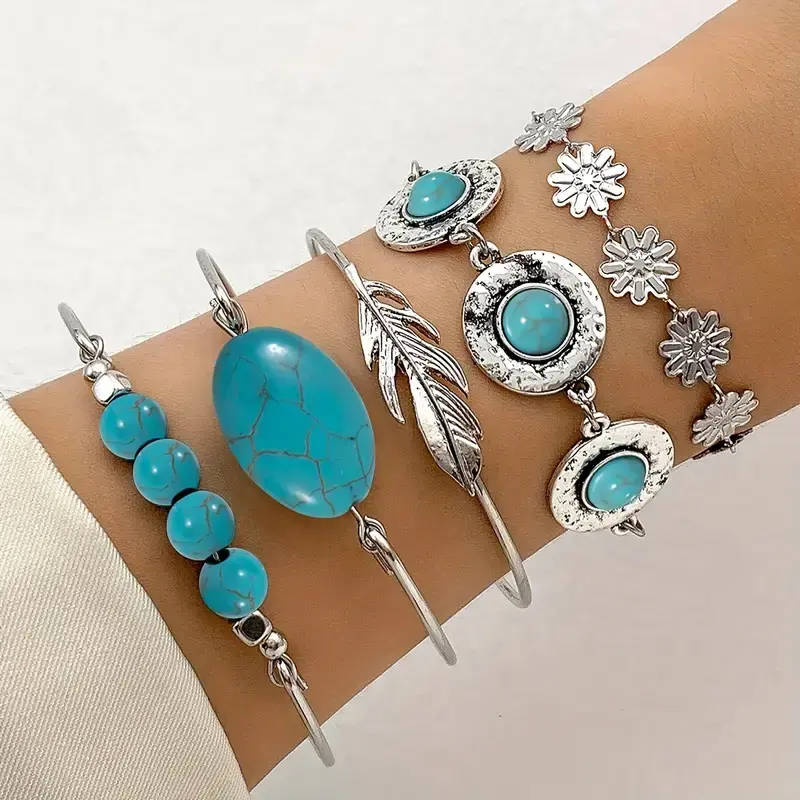 5pcs/Set Retro Turquoise Inlaid Fashion Jewelry Bracelet, Personality Ethnic Style Flower Feather