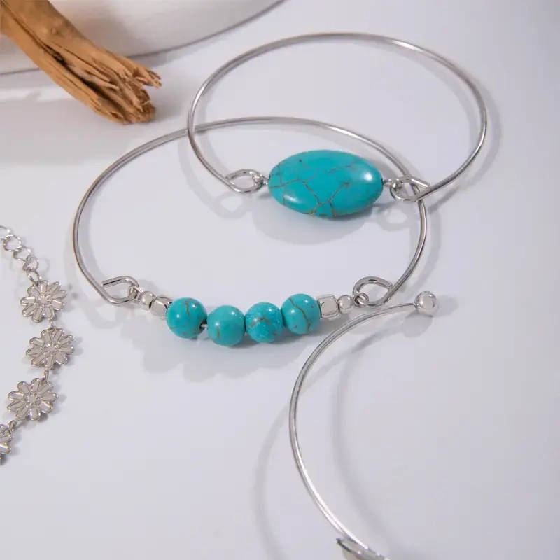 5pcs/Set Retro Turquoise Inlaid Fashion Jewelry Bracelet, Personality Ethnic Style Flower Feather
