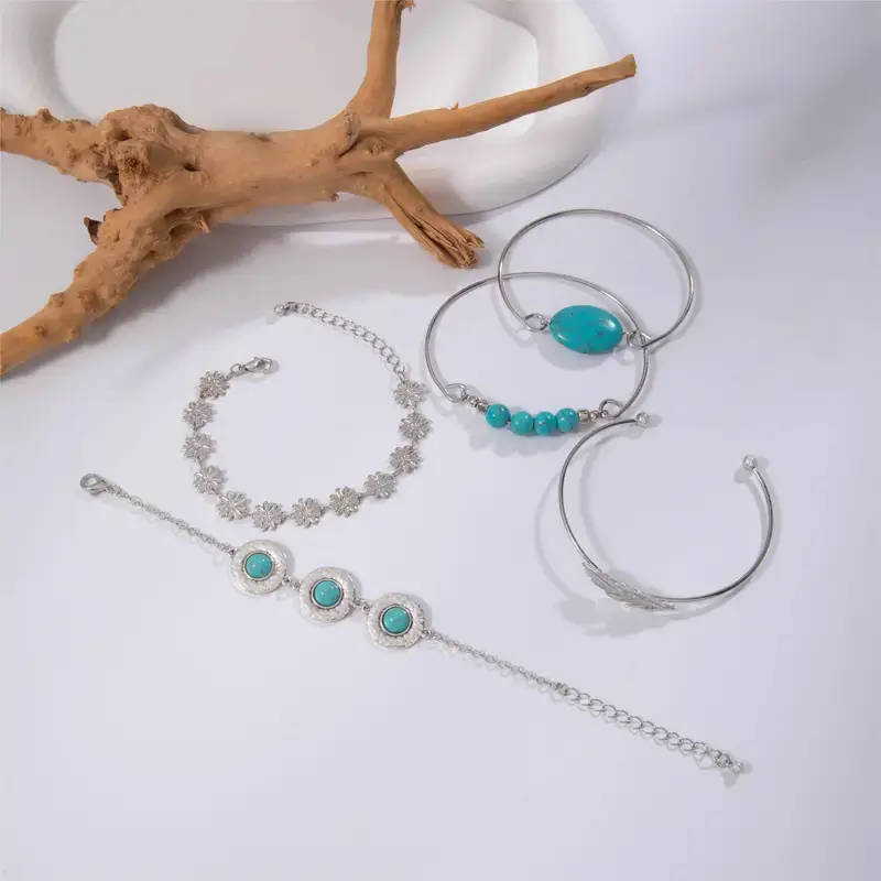 5pcs/Set Retro Turquoise Inlaid Fashion Jewelry Bracelet, Personality Ethnic Style Flower Feather