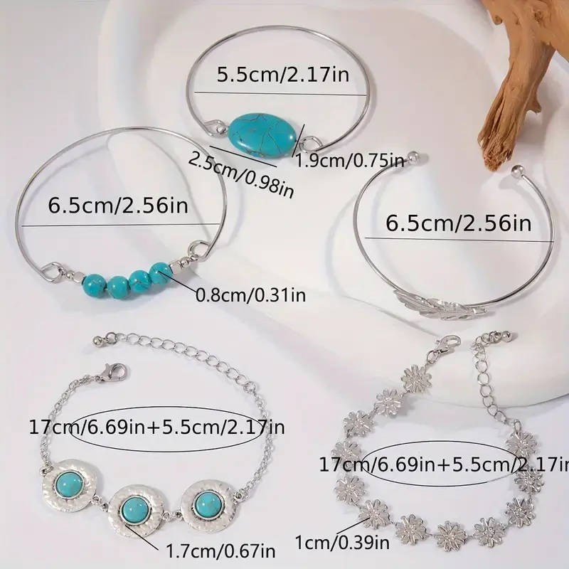 5pcs/Set Retro Turquoise Inlaid Fashion Jewelry Bracelet, Personality Ethnic Style Flower Feather