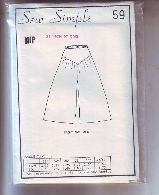 Sew Simple (Basque culottes)sewing  pattern   no 59 size hip 97cm (skill level easy),  pattern  sti