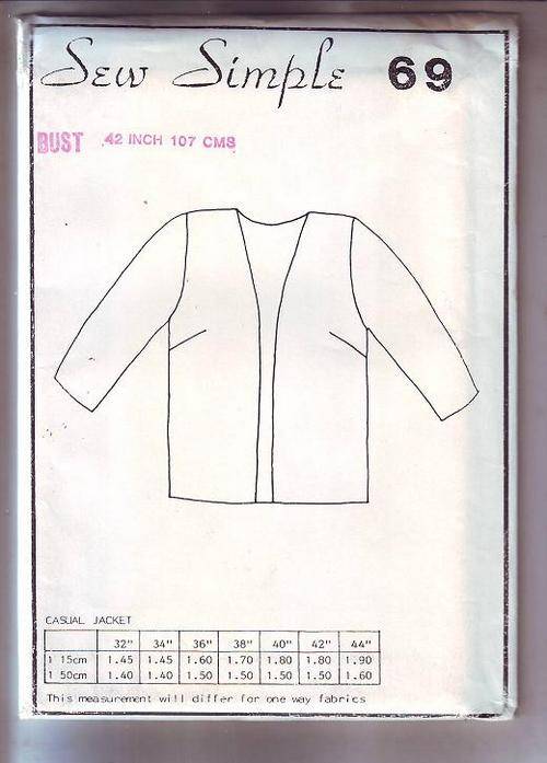 Sew Simple (Casual Jacket)sewing  pattern   no 69 size Bust 107cm (skill level easy),  pattern  stil