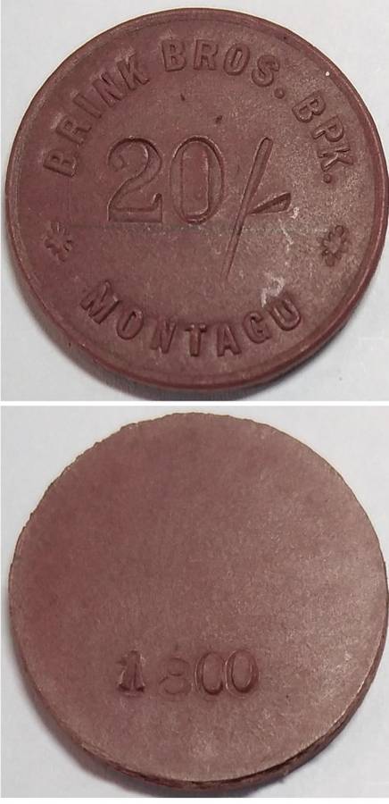 Crazy R1 Start Auction! Brink Brothers (Montagu) Twenty Shillings (20/-) Token