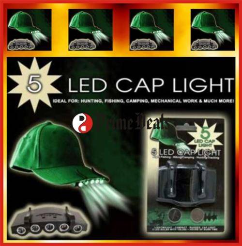 CAP LIGHT with 5 LED's - Water Resistant - Attach under brim of your cap - CAMPING / FISHING!!