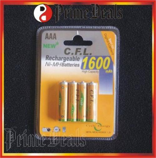 C.F.L. 1600 mAh AAA RECHARGEABLE Ni-MH BATTERIES!! 4 Batteries per pack - 4 to Go!!