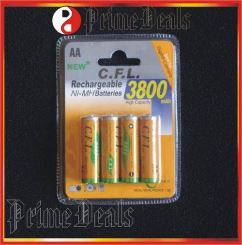 C.F.L. 3800 mAh AA RECHARGEABLE Ni-MH BATTERIES!! 4 Batteries per pack - 4 to Go!!