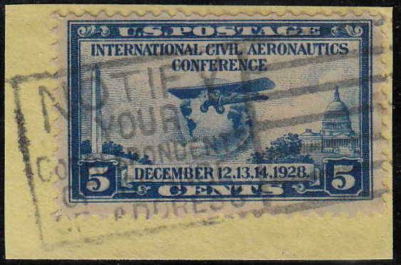 U.S.A. 12 Dec 1928. Globe and Airplane. 5c Prussian Blue on piece of paper. Slogan Cancellation.
