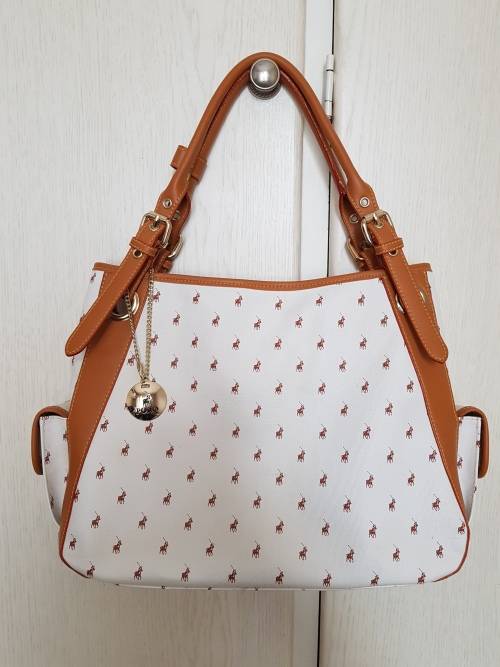 White and Brown shoulder Polo Handbag (Leather)