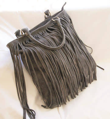 FIRENZE ITALIAN MADE GREY GENUINE SUEDE LEATHER TOTE HANDBAG WITH FRINGED TASSEL DETAIL