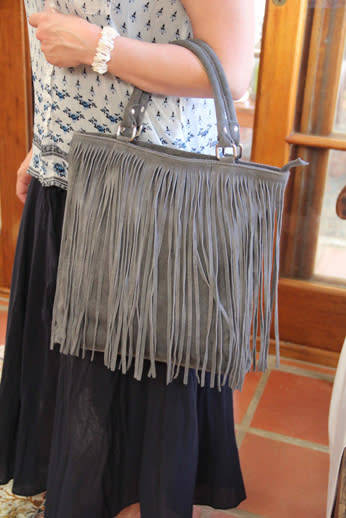 FIRENZE ITALIAN MADE GREY GENUINE SUEDE LEATHER TOTE HANDBAG WITH FRINGED TASSEL DETAIL
