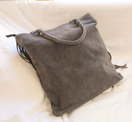 FIRENZE ITALIAN MADE GREY GENUINE SUEDE LEATHER TOTE HANDBAG WITH FRINGED TASSEL DETAIL