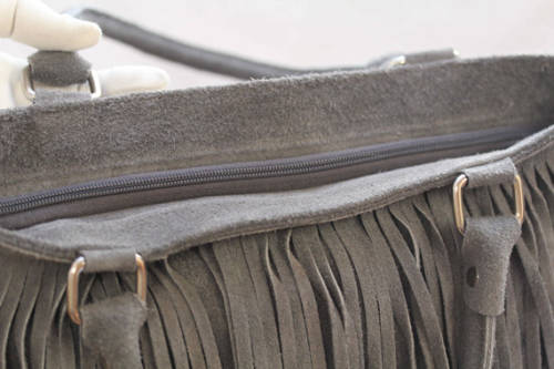 FIRENZE ITALIAN MADE GREY GENUINE SUEDE LEATHER TOTE HANDBAG WITH FRINGED TASSEL DETAIL