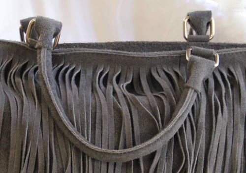 FIRENZE ITALIAN MADE GREY GENUINE SUEDE LEATHER TOTE HANDBAG WITH FRINGED TASSEL DETAIL