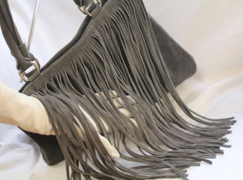 FIRENZE ITALIAN MADE GREY GENUINE SUEDE LEATHER TOTE HANDBAG WITH FRINGED TASSEL DETAIL