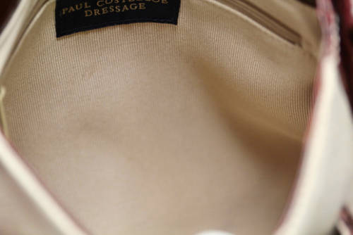 PAUL COSTELLOE DRESSAGE SADDLEBAG HANDBAG. CREAM FABRIC WEAVE WITH BURGUNDY PATENT LEATHER DETAILS