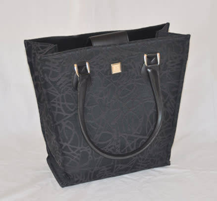 DIANE VON FURSTENBERG BLACK BROCADE CANVAS TOTE, BLACK LEATHER STRAPS AND ACCENTS