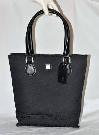 DIANE VON FURSTENBERG BLACK BROCADE CANVAS TOTE, BLACK LEATHER STRAPS AND ACCENTS