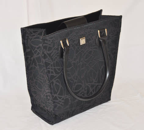 DIANE VON FURSTENBERG BLACK BROCADE CANVAS TOTE, BLACK LEATHER STRAPS AND ACCENTS