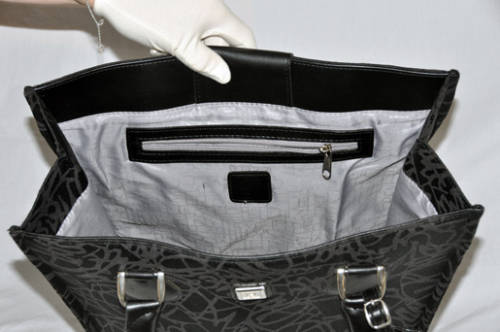 DIANE VON FURSTENBERG BLACK BROCADE CANVAS TOTE, BLACK LEATHER STRAPS AND ACCENTS