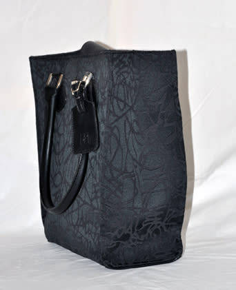 DIANE VON FURSTENBERG BLACK BROCADE CANVAS TOTE, BLACK LEATHER STRAPS AND ACCENTS
