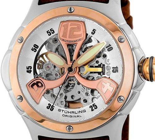STUHRLING Alpine Rose Gold Automatic Skeleton Mens Watch