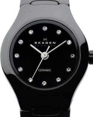 Authentic SKAGEN Denmark Crystal Accented Black Ceramic Ladies Watch