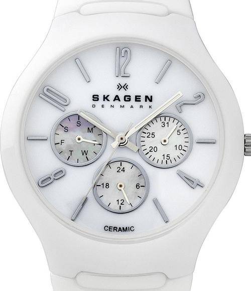 Authentic SKAGEN Denmark Multifunction White Ceramic Mother Of Pearl Ladies Watch
