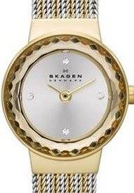 Authentic SKAGEN Denmark Two Tone Crystal Accented Faceted Glass Ladies Watch