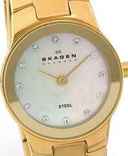 Authentic SKAGEN Denmark Ultra Slim Gold Tone Crystal Accented Mother Of Pearl Ladies Watch