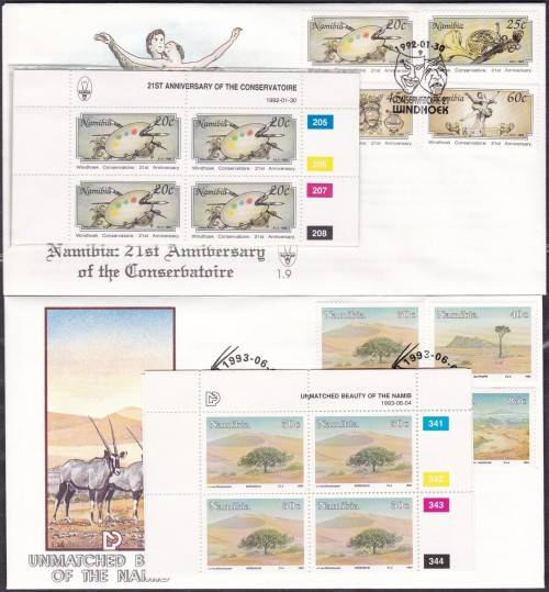 NAMIBIA - 2 X CLEAN FDC'S, BOTH WITH SETS OF 4 U/M CONTROL BLOCKS, FDC 1.9 & FDC 1.15!!!!!