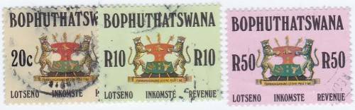 BOP - 3 X USED REVENUE STAMPS, 20c & R10 & R50 - VERY SCARCE!!!!!