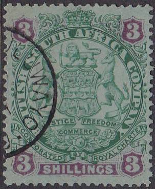 BSAC RHODESIA - LARGE ARMS, 3 SHILLING SINGLE STAMP, FINE USED - CV:R790!!!!!