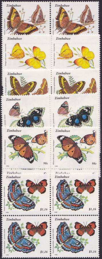 ZIMBABWE - BUTTERFLIES, SET OF 6 IN BLOCKS OF 4, FINE U/M - CV:R820!!!!!