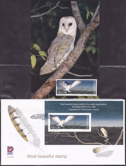 NAMIBIA - 1999 MOST BEAUTIFUL STAMP (OWL), FDC 3.16A & SCARCE MAXI CARD - FINE!!!!!