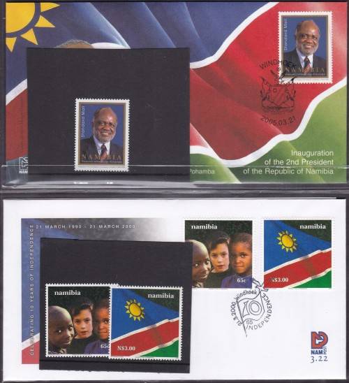 NAMIBIA - 10 YEARS OF IND. & 2ND INAUGURATION OF PRES. SOHAMBA, 2 X FDC'S WITH SETS OF SINGLES-FINE!