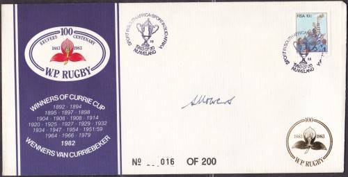 RSA - WP RUGBY CENTENARY FDC (GOLD), SIGNED BY STAMP ARTIST SHEILA NOWERS - FINE!!!!!