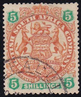 BSAC RHODESIA - LARGE ARMS, 5 SHILLING SINGLE STAMP - FINE USED!!!!!