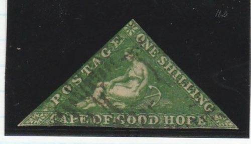 CAPE OF GOOD HOPE TRIANGLE-ONE SHILLING GREEN-CLOSE CUT MARGINS,OTHERWISE GOOD STAMP