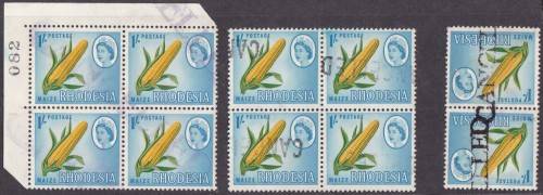 RHODESIA - QE2 1 SHILLING, HAND CANCELLED RUBBER STAMPS - TELEGRAPH USAGE BLOCKS!!!!!