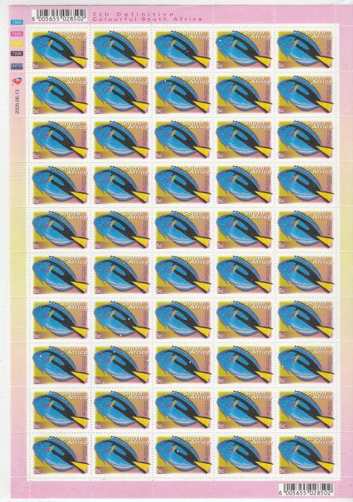 RSA-7TH DEF-5c FISH-2X FULL SHEETS OF 50 STAMPS-2007-06-12 AND 2005-06-13-BOTH FINE UM